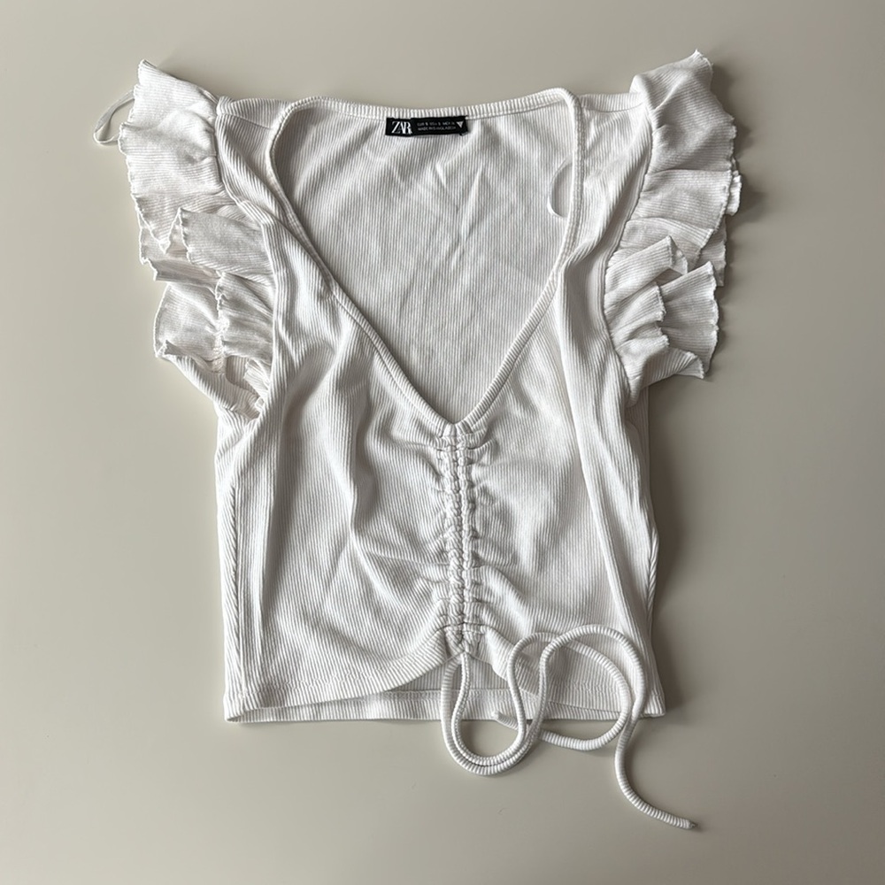 Zara Ruched Top with Ruffled Sleeves